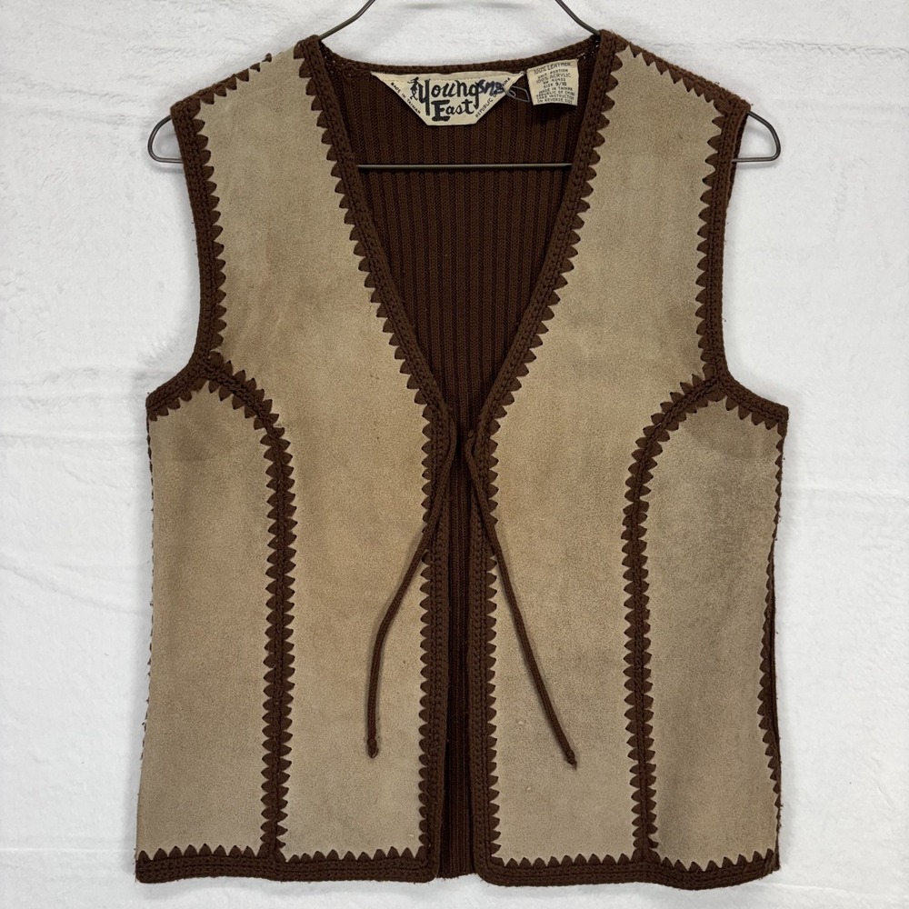 1970s Vintage Leather Vest Women's 9/10 Brown Knit Tie Front Boho Western Brown